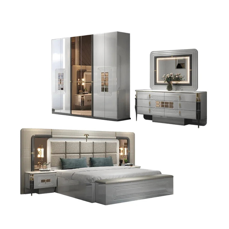 Wood Frame King Size Bed With LED Headboard — Pale Gray | KIMLUD