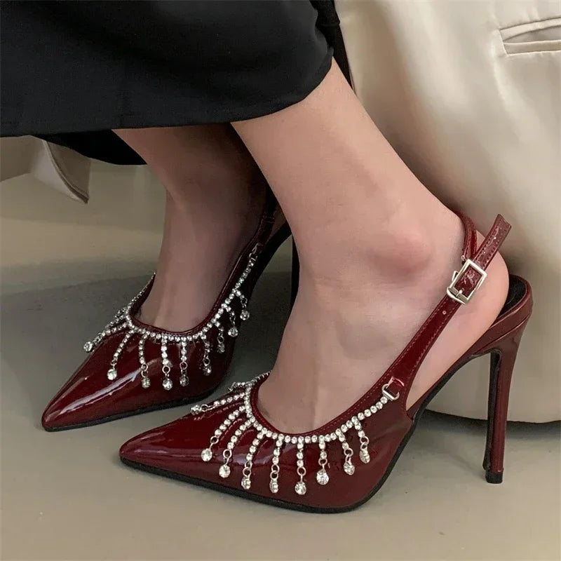Pointed Toe Heels Patent Leather Rhinestone Buckle — Black | KIMLUD