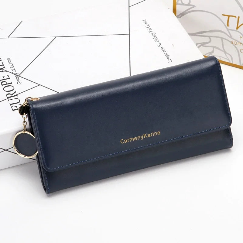 Korean Fashion Triple Folding Multi-functional Large Capacity Women's Long Wallets Clutch Solid Color Texture Simple and Elegant