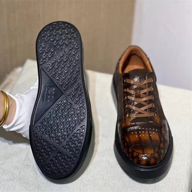 Authentic Exotic Crocodile Skin Hand Painted Men's Soft Board Shoes Genuine Real Alligator Leather Male Lace-up Patchwork Flats