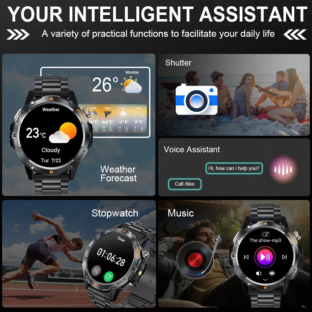2025 New Outdoor Military Compass Smartwatch Men's 360*360 HD Large Screen Heart Rate Bluetooth Call IP68 Waterproof Smart Watch