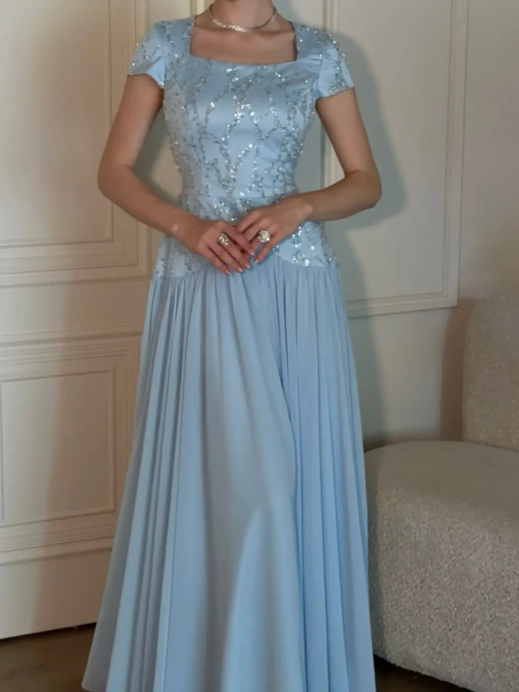 Evening Dress – Square Neck Sequin – Chiffon Maxi Gown | KIMLUD