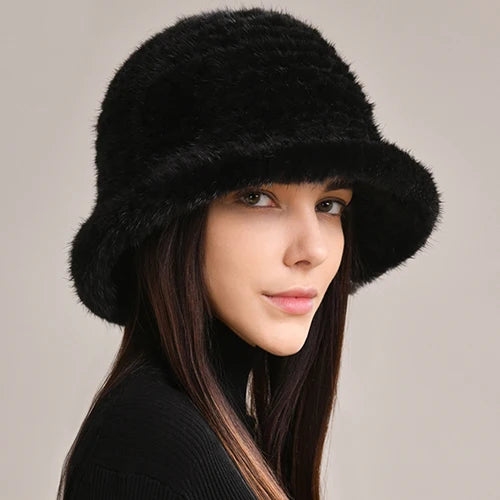 Woman Hat Winter Solid Mink Caps With Flower Natural Mink Fur Hats New Russian Girl Soft Knitting Real Fur Bucket Hats 2025 Warm