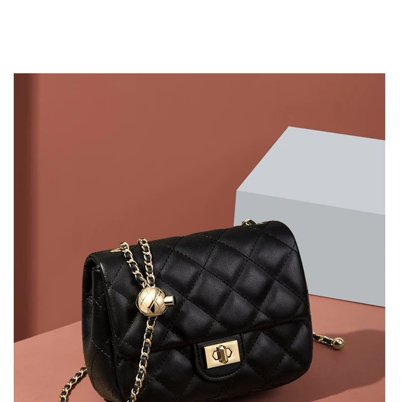 Leather Chain Crossbody Bag With Structured Small Square Silhouette And Polished Hardware — Black | KIMLUD