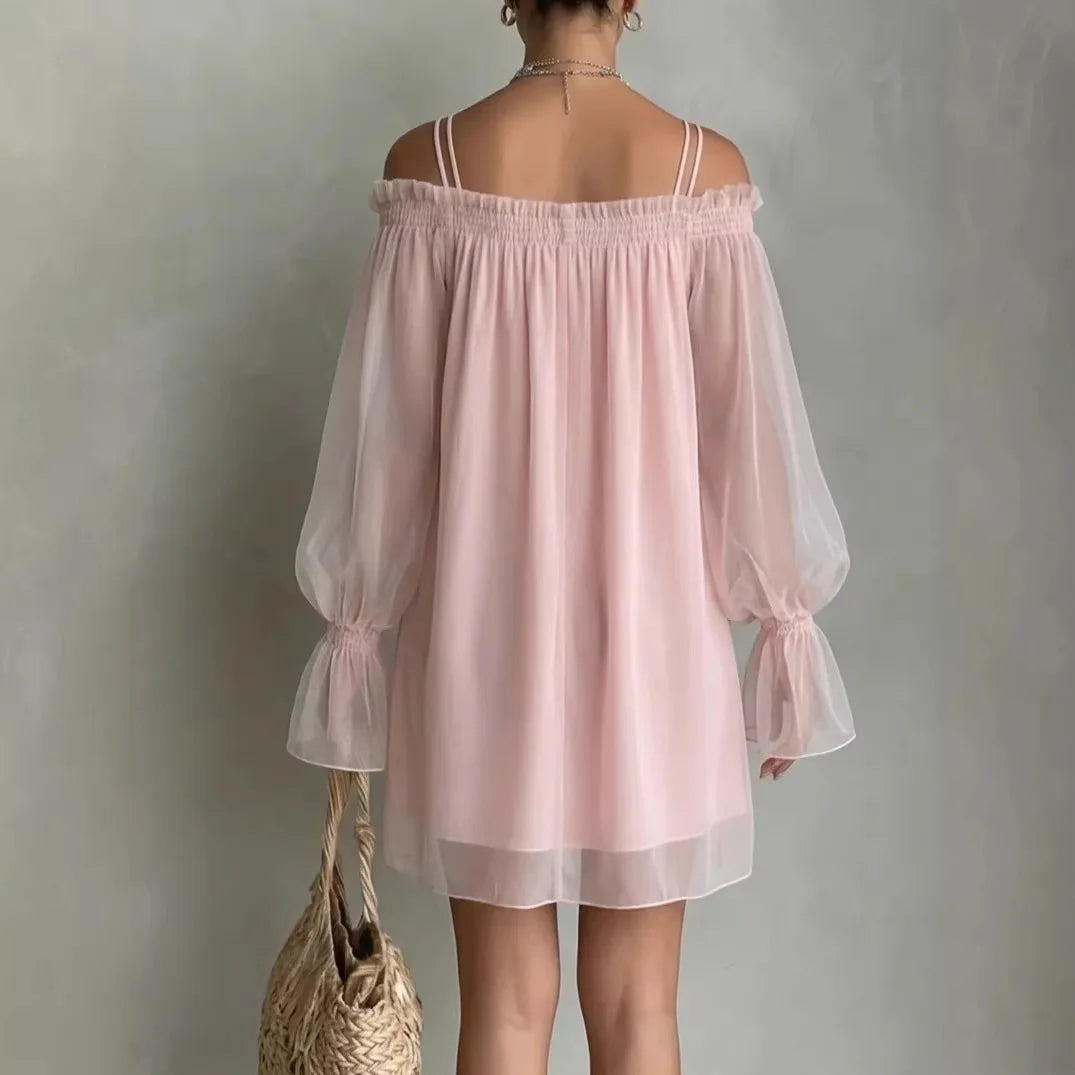Mesh Off Shoulder Dress Double Strap Sheer Mini Silhouette With Soft Draping — Pale Pink | KIMLUD