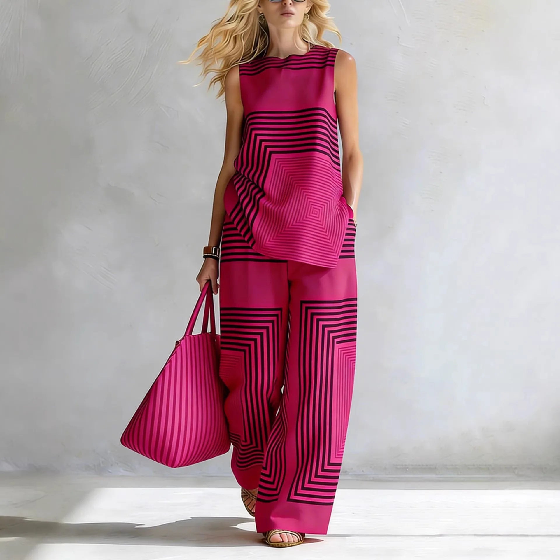 Striped 2-Piece Set — Sleeveless Vest & High-Waist Wide-Leg Pants | KIMLUD