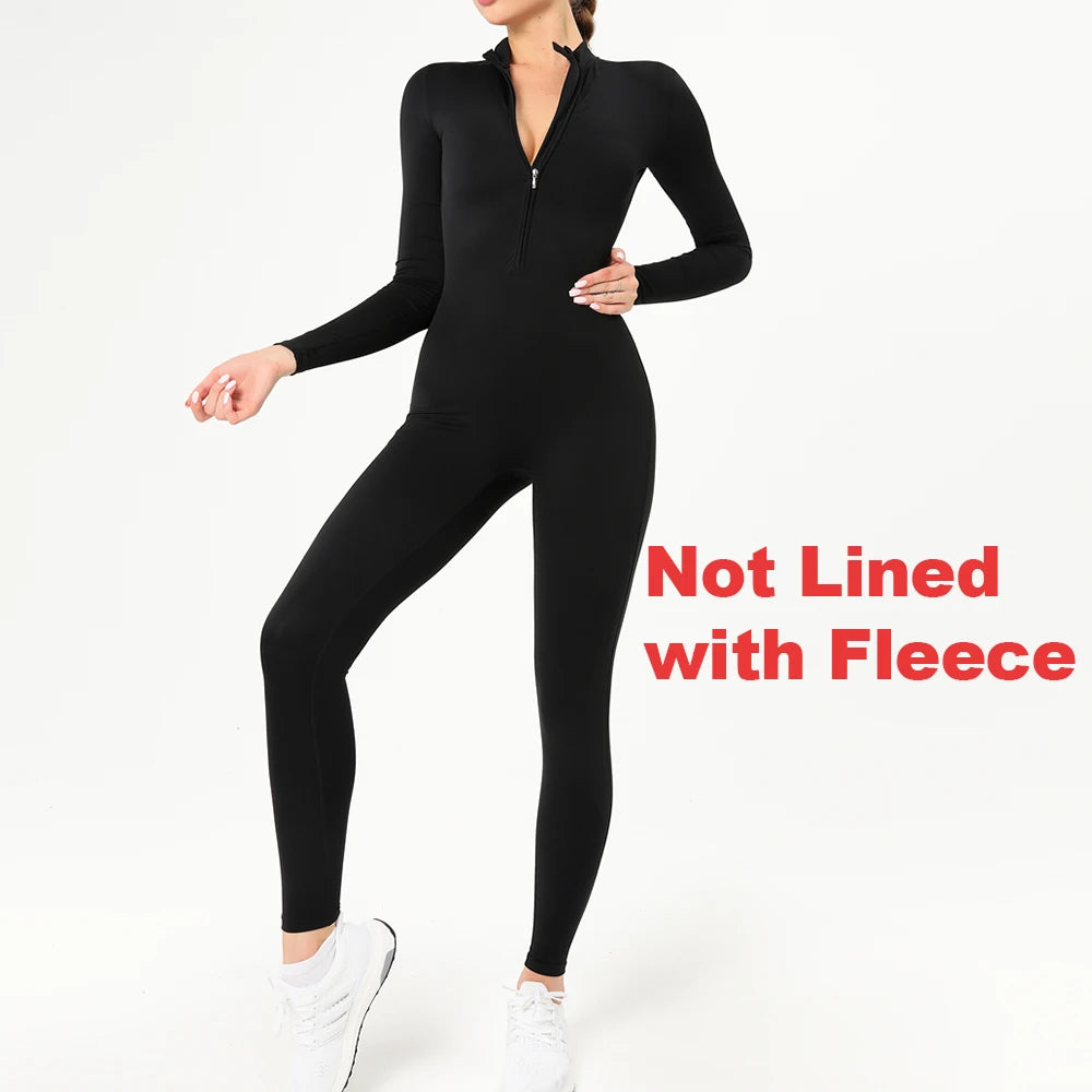 Jumpsuit – Zippered Fleece-Lined Knit – Black | KIMLUD