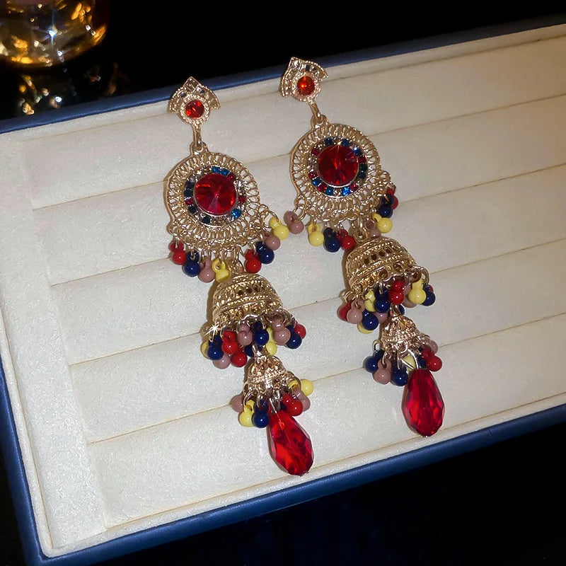 Crystal Water Drop Clip Earrings Round Rhinestones — Vintage Blue | KIMLUD