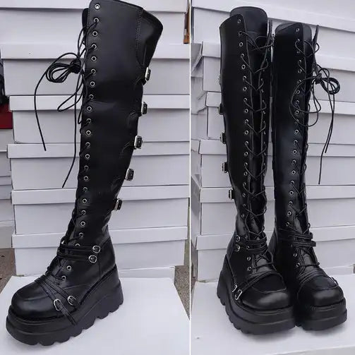 Over-the-Knee Boots – Gothic Wedge Platform – PU | KIMLUD