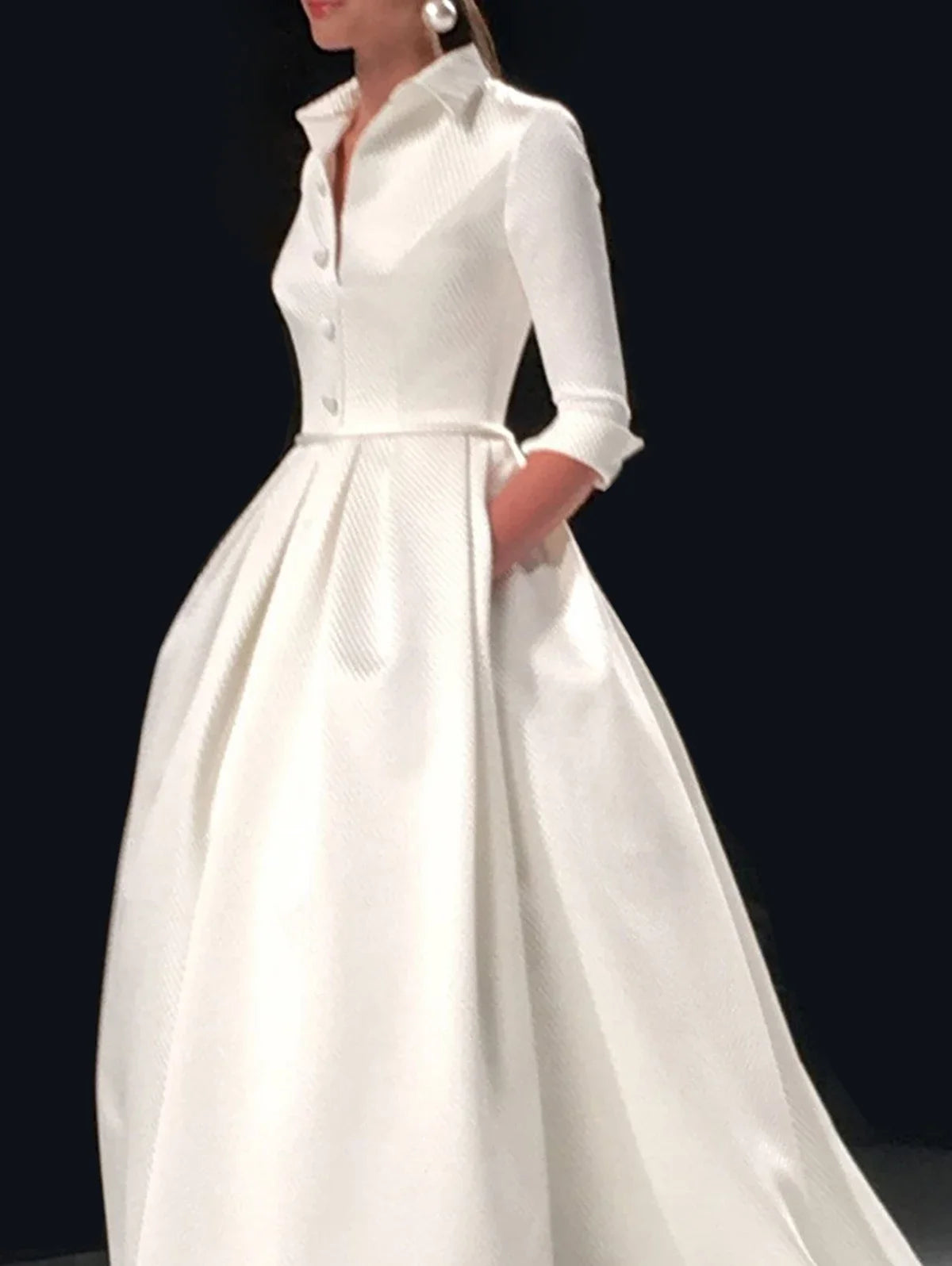 Elegant Satin Maxi Dress With Pockets And Turndown Collar For Gala Events — White | KIMLUD