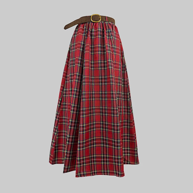 KIMLUD, Women's Red Plaid High Waist Skirt with Belt/Lined 2026 New A-line Vintage Pockets Christmas Party Elegant Long Skirts 195448, KIMLUD Womens Clothes