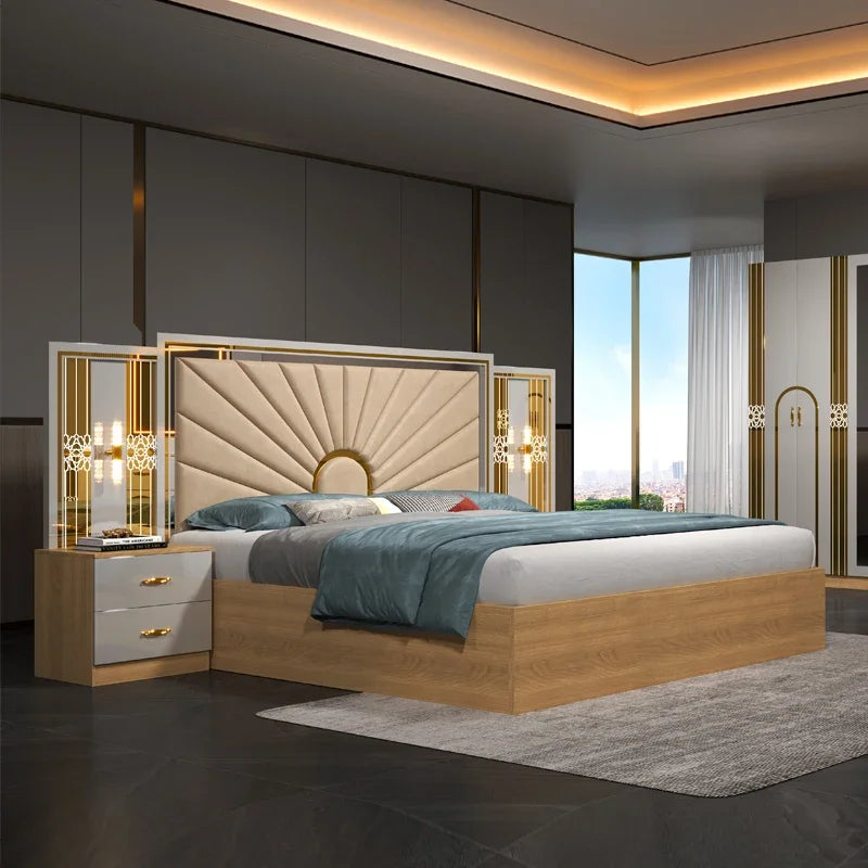 A Luxury Royal king Size Bedroom Sets Elegant Super Size Turkish Style Gold Mirrored LED Lighted Dubai Bedroom Furniture Set
