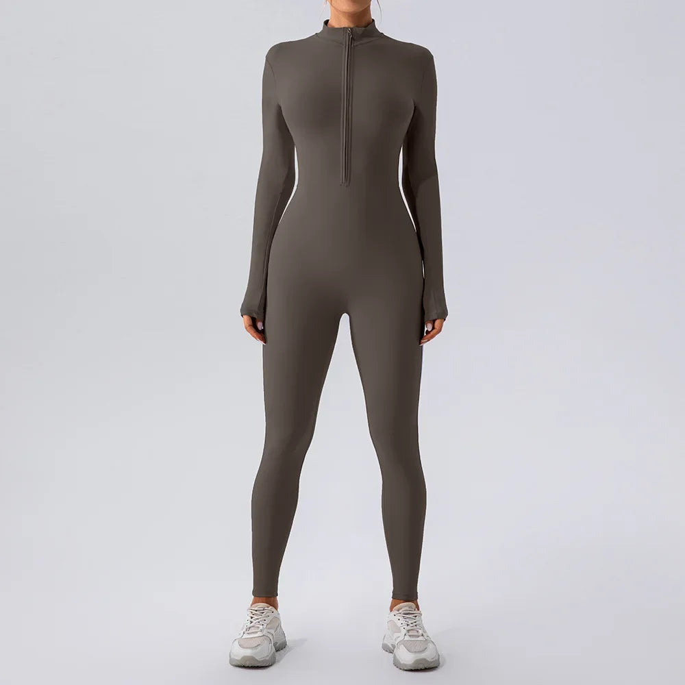 Yoga Jumpsuit – Seamless Zipper – Polyester Long Sleeve | KIMLUD
