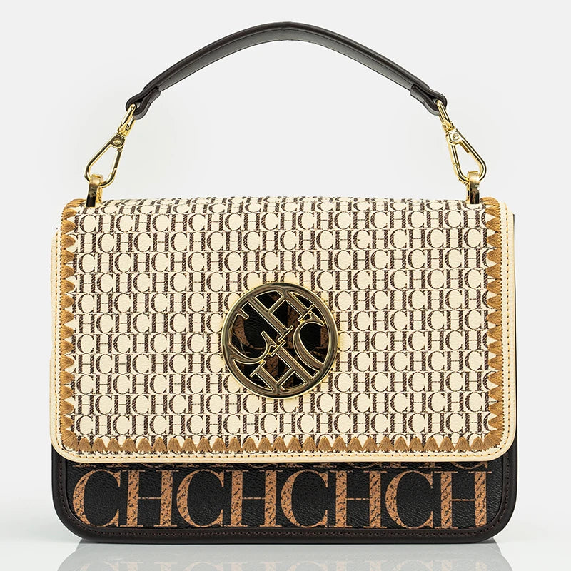 Letter-Embossed PVC Shoulder Bag Gold Medallion — Black | KIMLUD