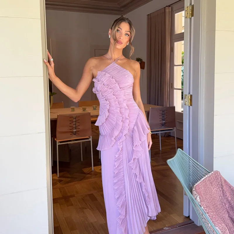 Ruffles Tiered Pleated Maxi Dress Women Summer Fashion A Line Backless Halter Sexy Dresses Gown Elegant Evening Long Party Dress