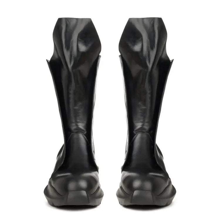 Gothic Men Thick Platform Mid Calf Boots Height Increasing Cowhide Genuine Leather Sneakers Man High Top Moto Biker Safety Shoes