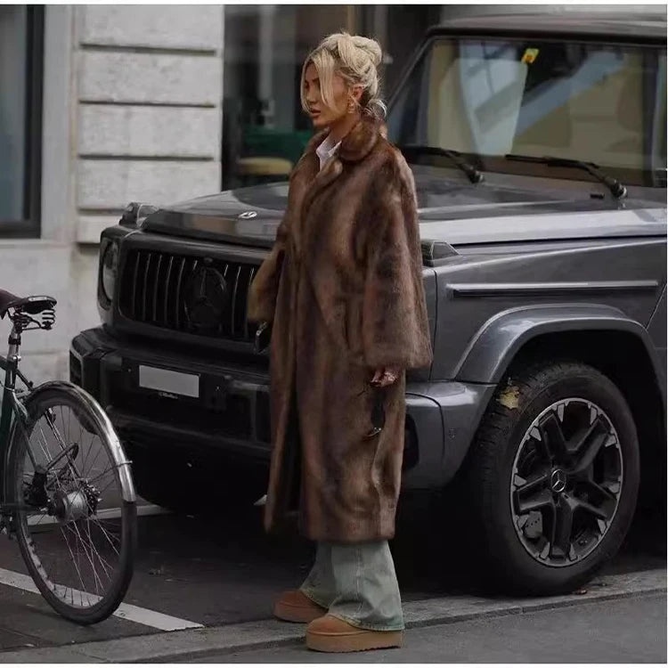 New women's autumn-winter fur coat imitation mink coat women's long whole mink mink fur suit collar casual