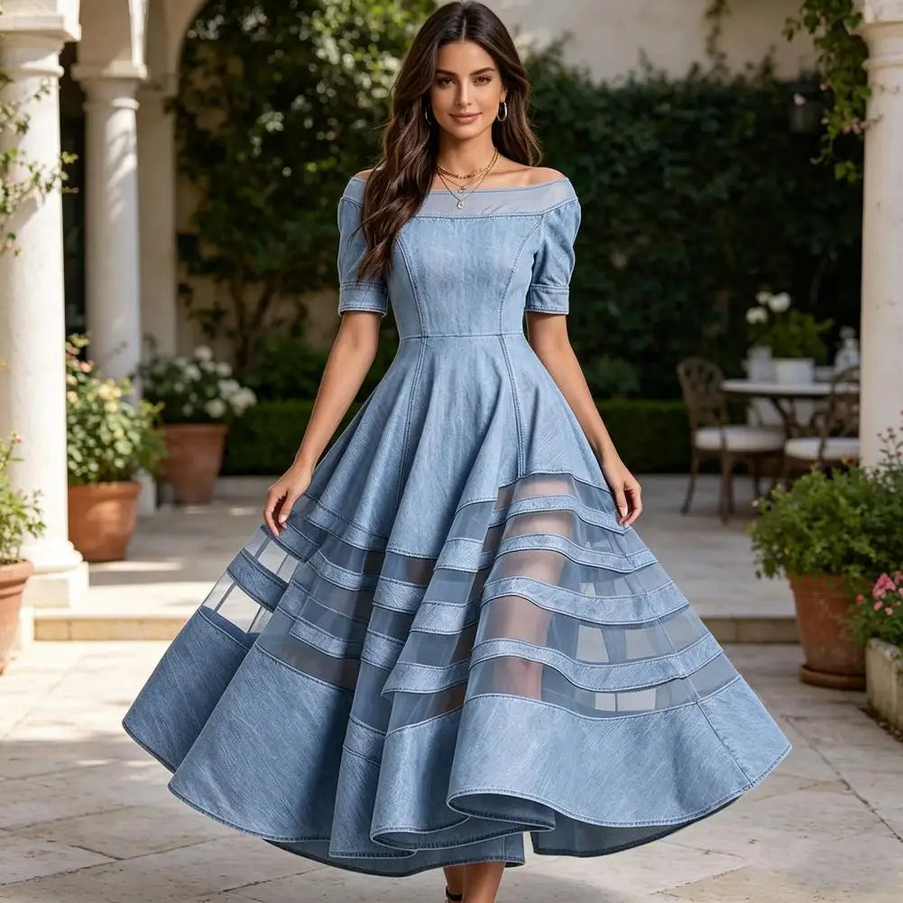 Polyester Patchwork Mesh Off Shoulder Dress — Blue | KIMLUD