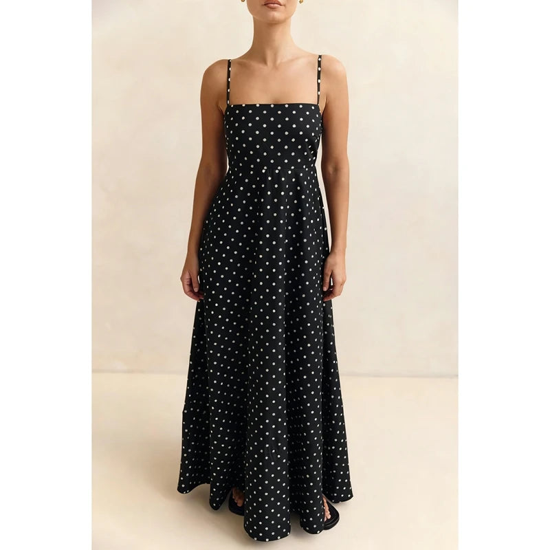 A-Line Dot Print Slip Dress Spaghetti Strap — Brown With White Dots | KIMLUD