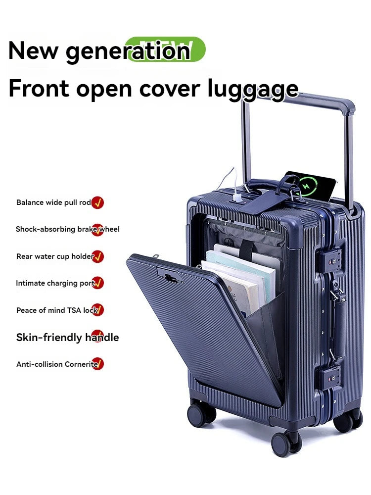 Front opening aluminum frame luggage box, women's universal wheel luggage, men's wide luggage, 24 inch password boarding box