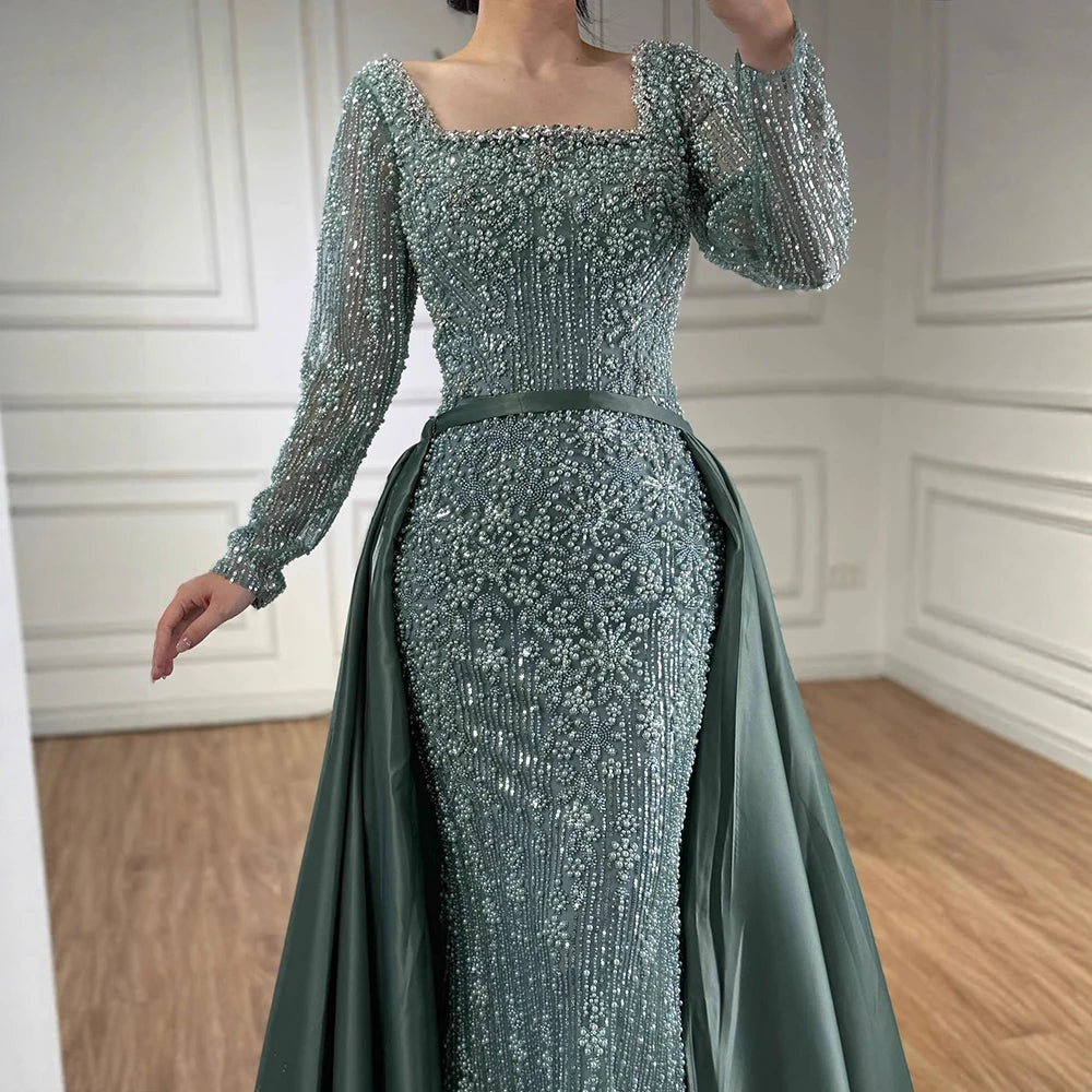 Mermaid Beaded Evening Gown With Overskirt And Built-In Bra In Luxe Beadwork — Caramel | KIMLUD