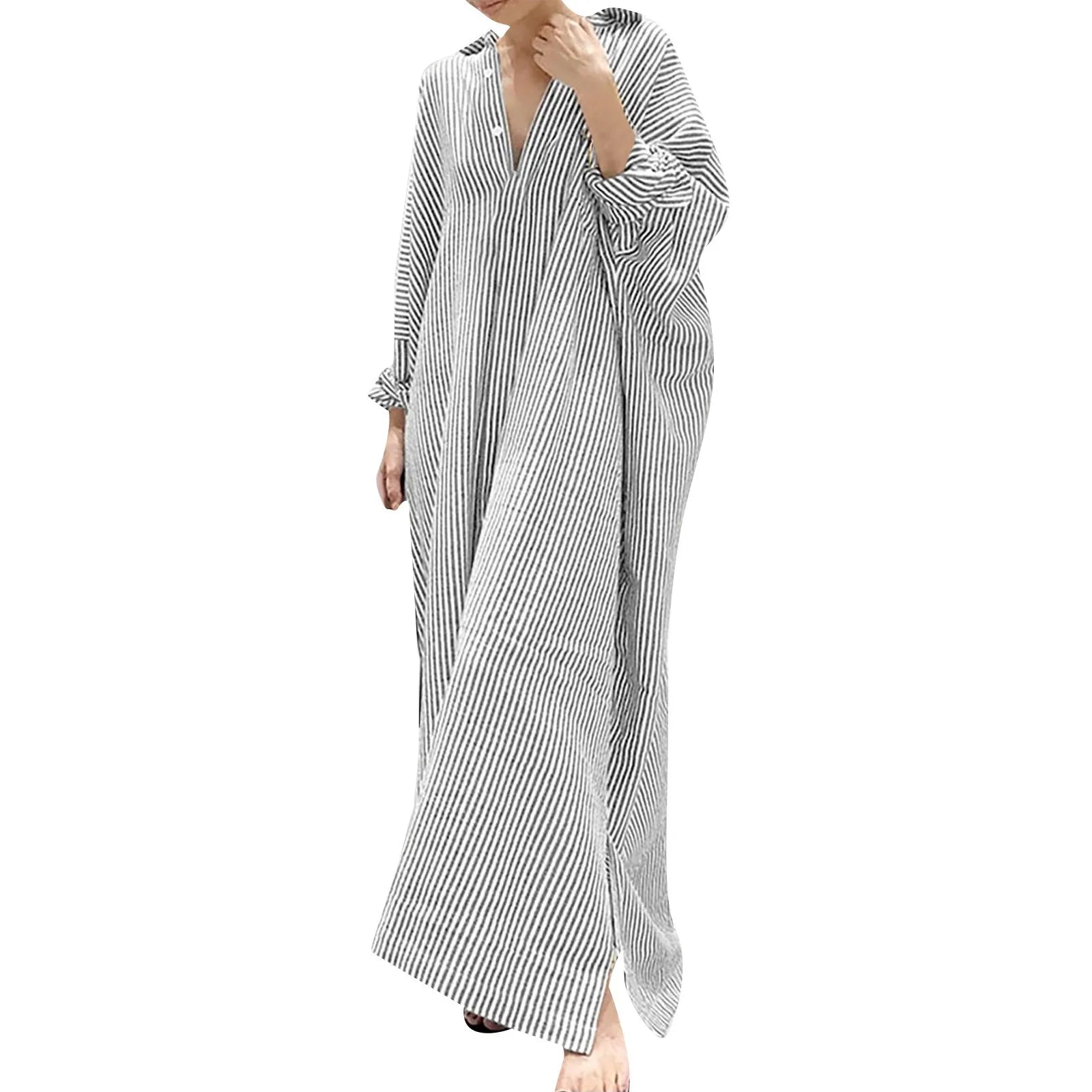 Cotton Maxi Dress Striped — Red and White | KIMLUD