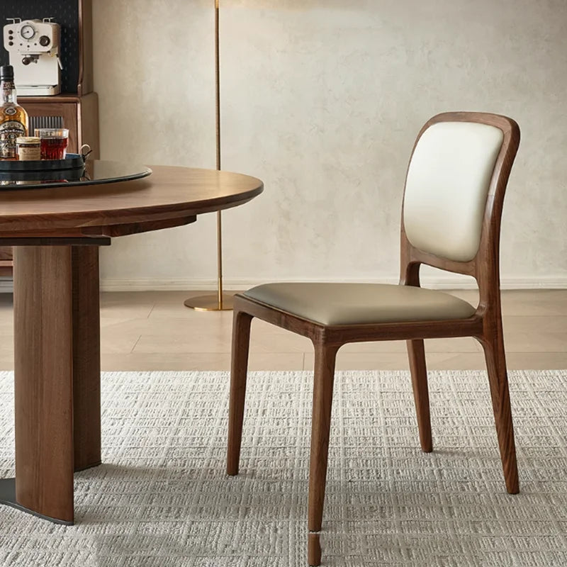 Solid Wood Dining Chair Minimalist Modern Lounge With Dark Walnut Finish And Leather Upholstery — Ivory | KIMLUD