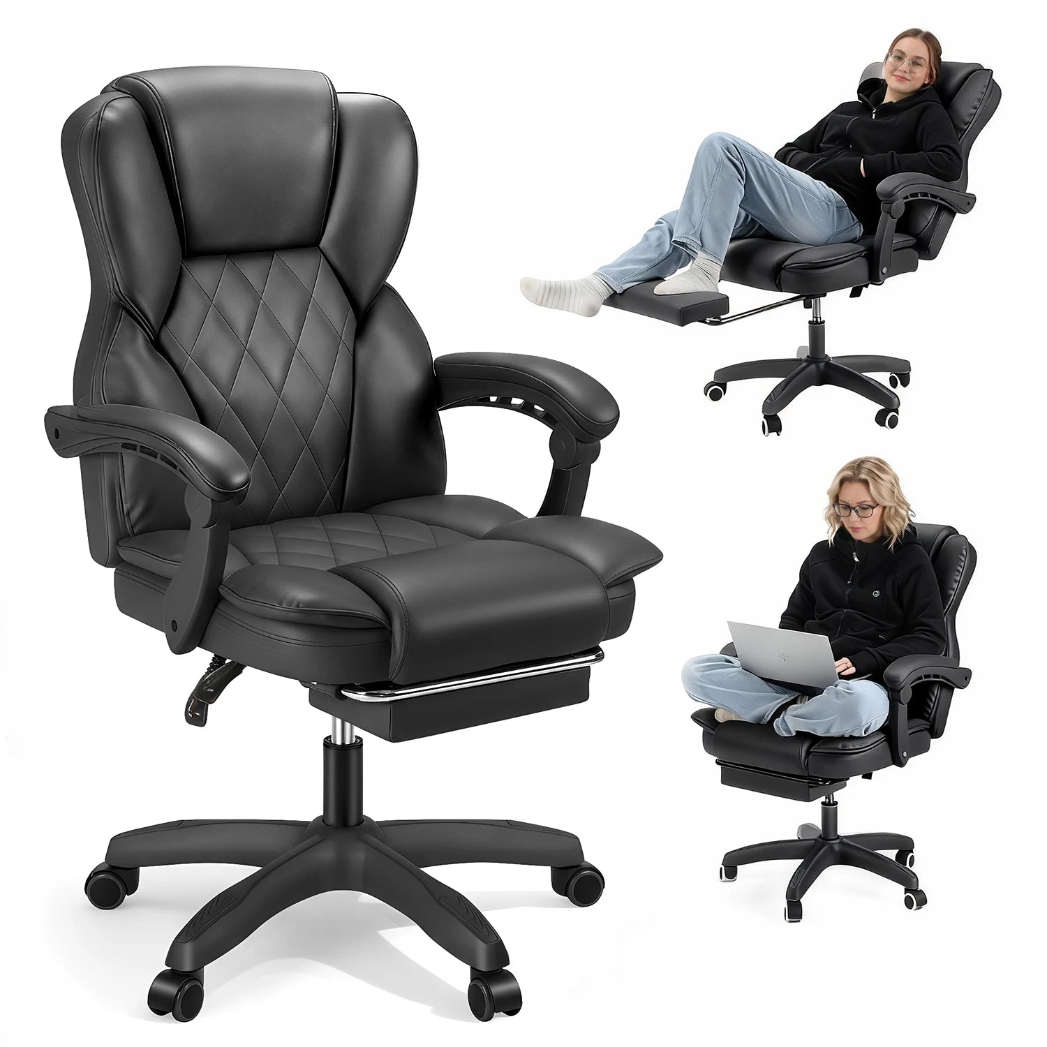 Office Chair - 150Kg Capacity - PU Leather - Black/White | KIMLUD