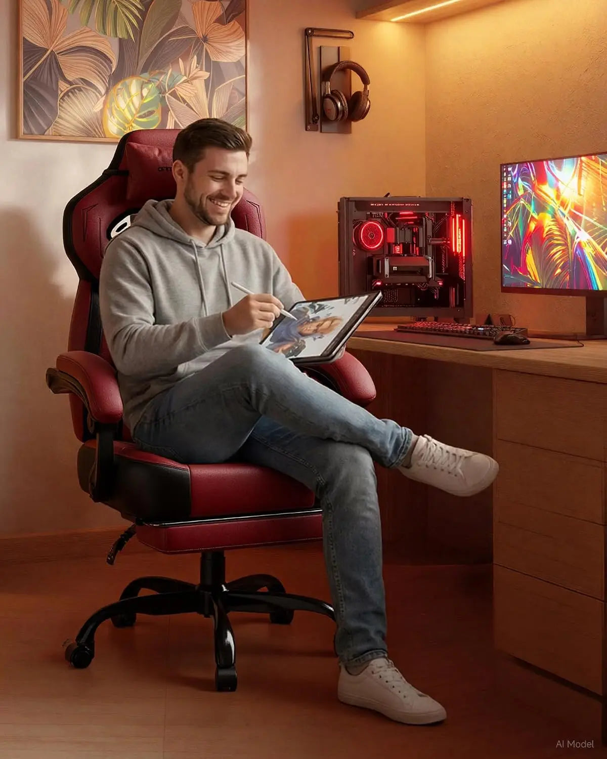 Gaming Chair – Ergonomic Design – Faux Leather – Wine Red | KIMLUD