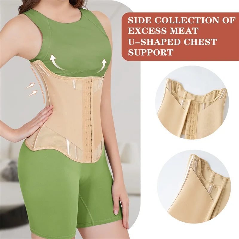 U-Shaped Waist Trainer Corset Steel Boned — Light Pink | KIMLUD