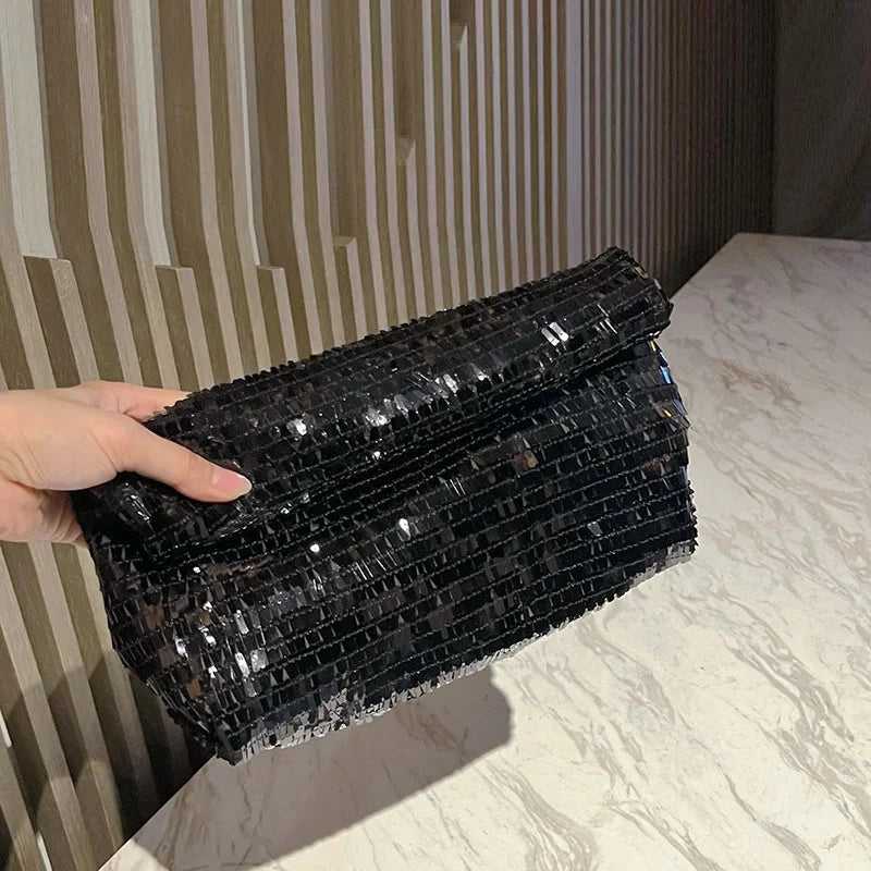 Sequin Embellished Envelope Clutch Bag — Black | KIMLUD