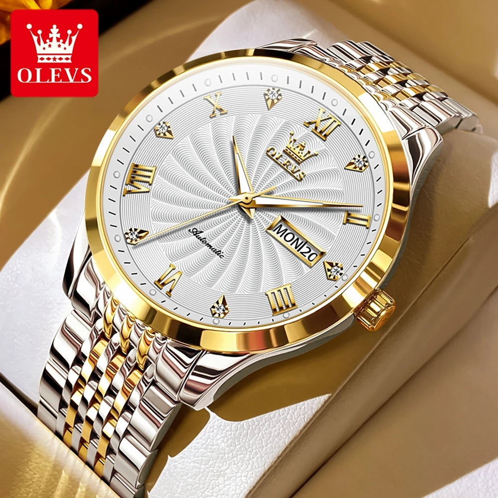 OLEVS Top Brand Automatic Mechanical Men Watch Threaded Dial Waterproof Stainless Steel Strap Classic Men's Watches Luxury