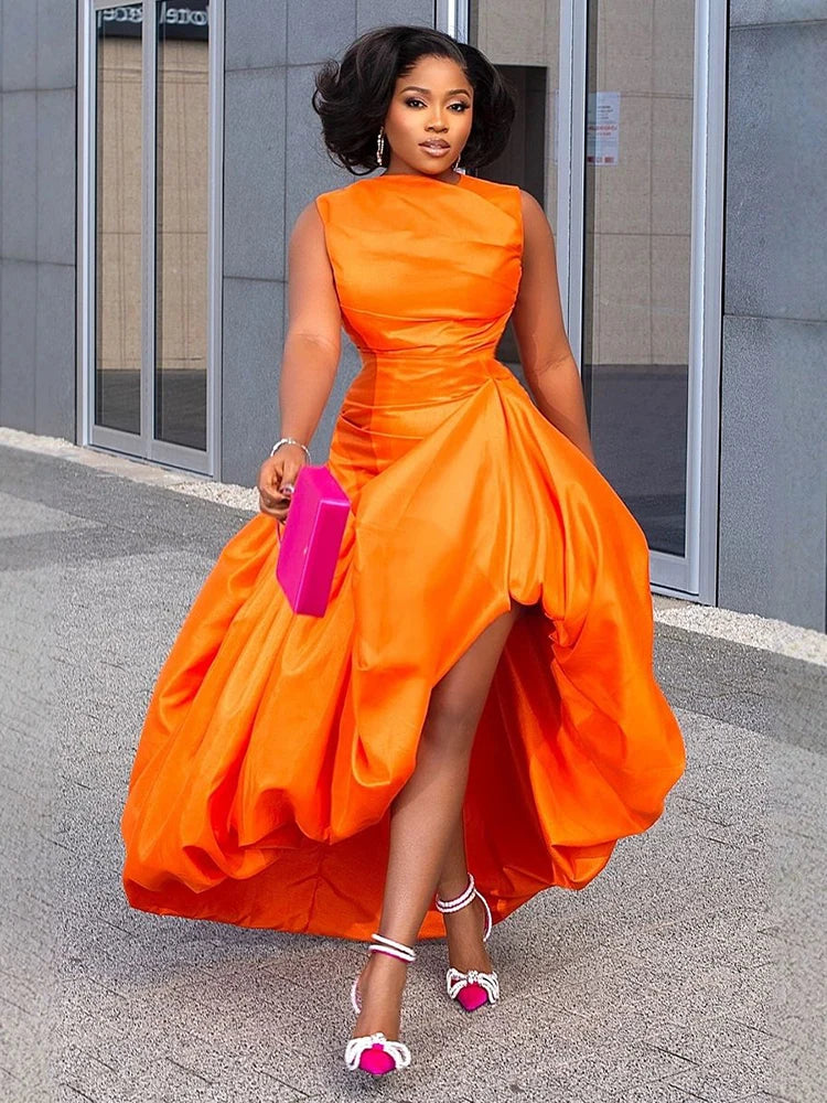 Polyester Cinch Waist Cocktail Maxi Dress — Orange | KIMLUD