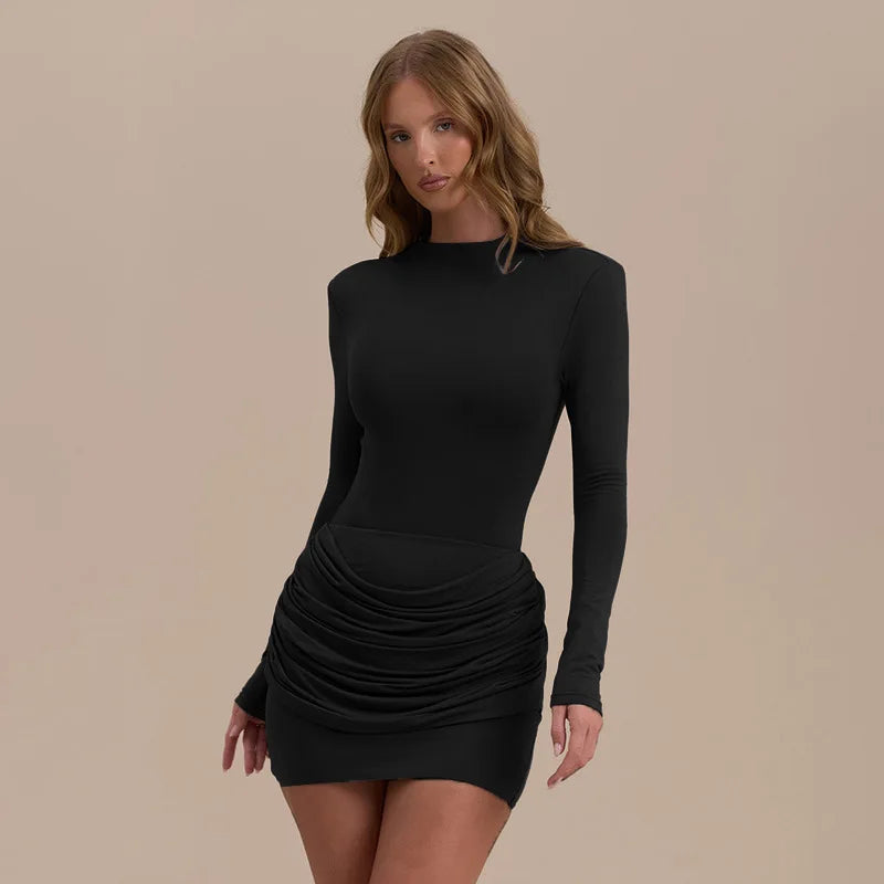 Polyester Pleated Stretch Long Sleeve Dress Gathered Hip Silhouette — Jet Black | KIMLUD