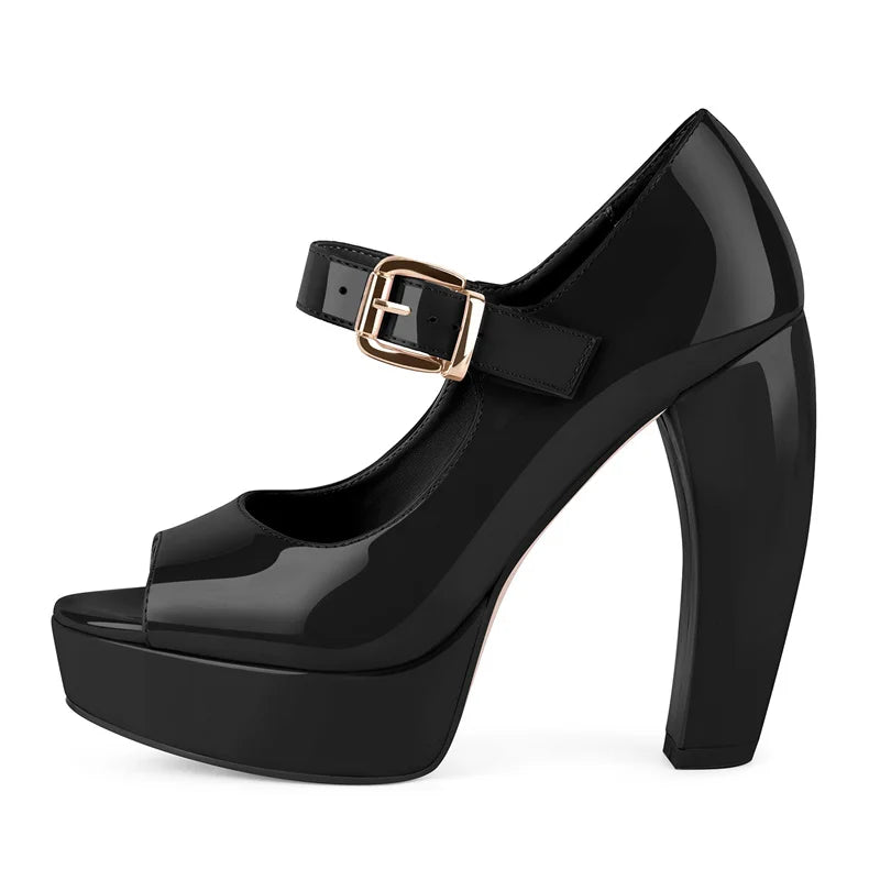 Pumps - Platform Patent Leather Chunky Heel - Round Toe | KIMLUD