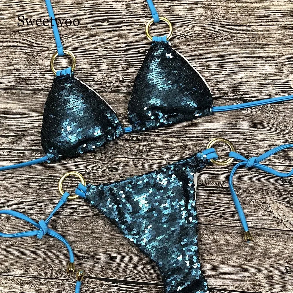 Sequin Bikini Set With Halter Neck — Emerald | KIMLUD