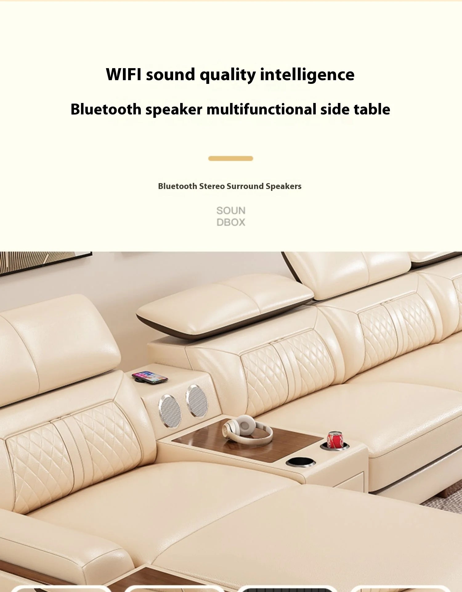 Genuine Italian Leather Sofa L-Shaped With Cup Holders USB Bluetooth — Light Gray | KIMLUD