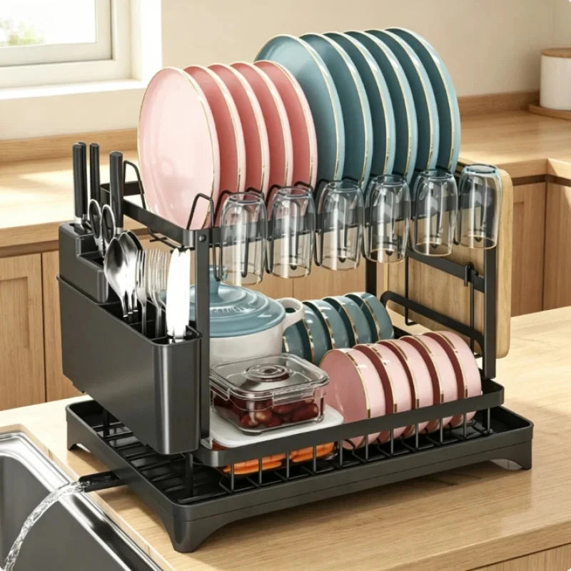 Dish Drying Rack – 2-Tier With Drip Tray – Carbon Steel | KIMLUD