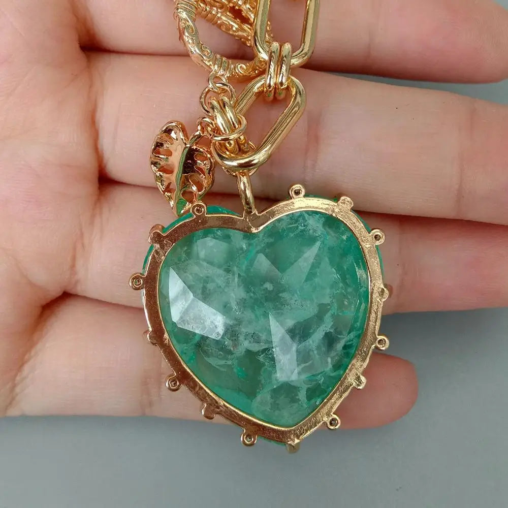 Yellow Gold Plated Heart Charm Bracelet — Green | KIMLUD