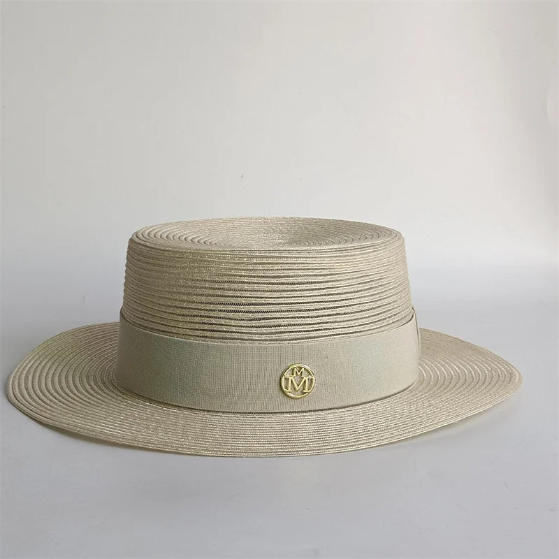 Straw Pearl Chain Flat Top Sun Hat — Beige | KIMLUD