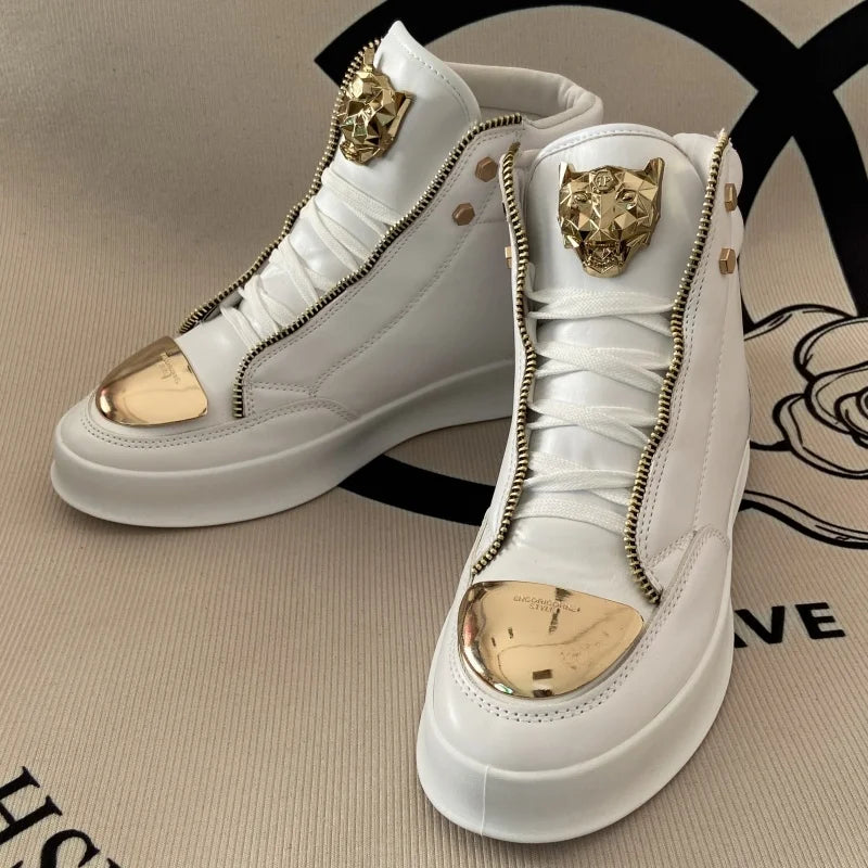Artificial Leather High-Top Sneakers With Zip Decoration — Black | KIMLUD