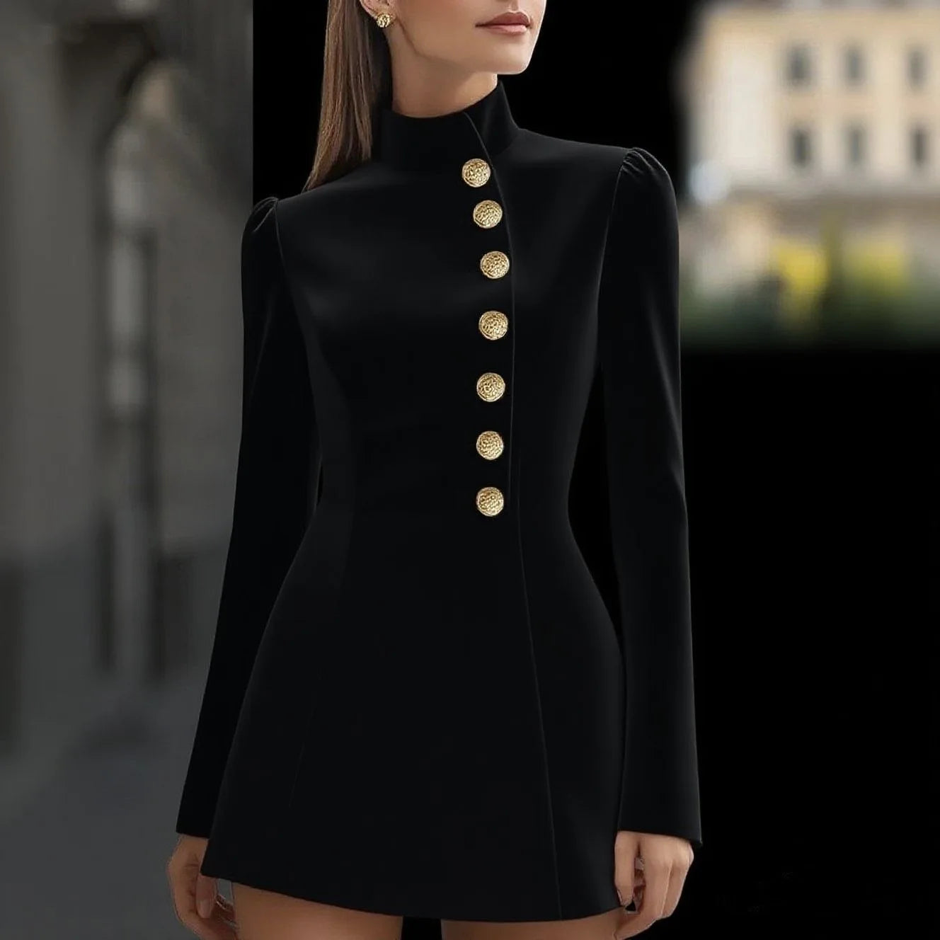 Blazer-Style Mini Dress Single-Breasted Long Sleeve — Black | KIMLUD