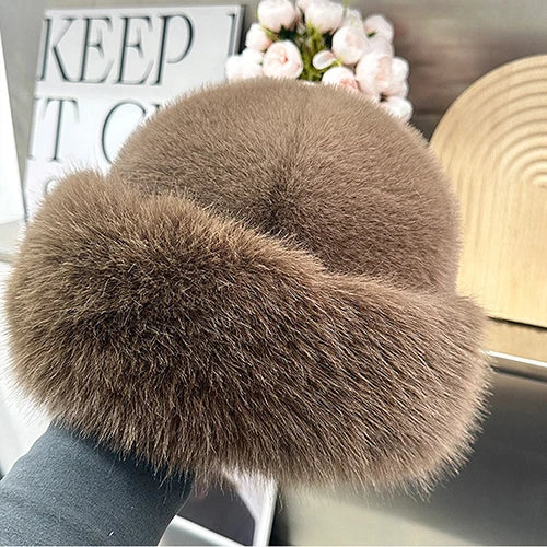 Mink Fur Hat Plush Cotton Lining Warm Winter — Black | KIMLUD