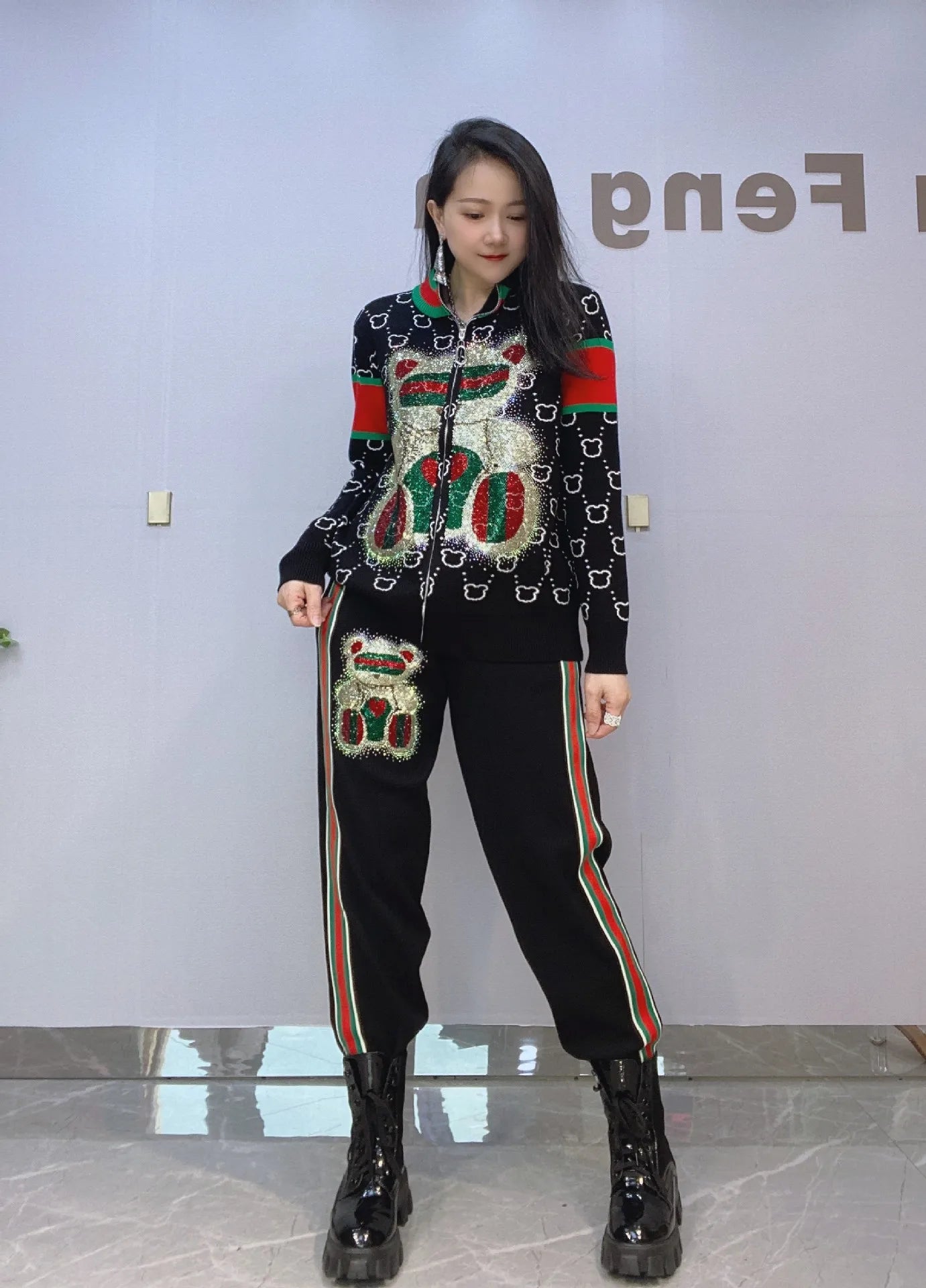 Fashion Bear Diamonds Side Stripe Pant Sets Women Autumn Tracksuit Zipper Sweater Loose Casual Two Piece Sets Womens Outifits