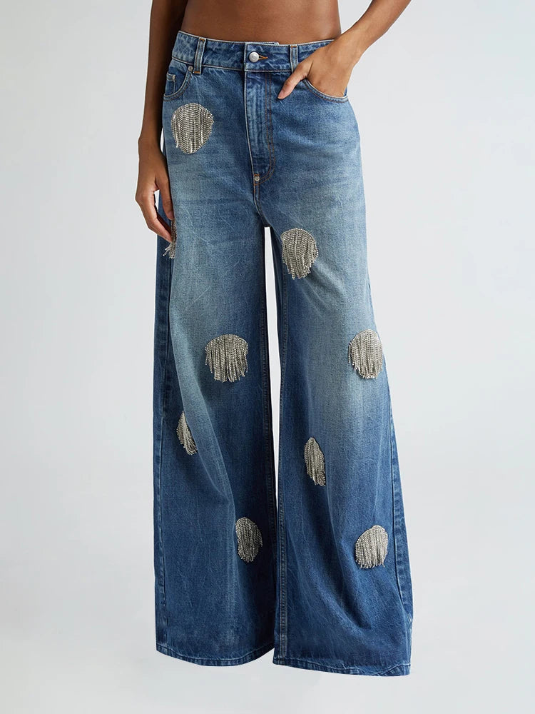TWOTWINSTYLE Solid Patchwork Tassel Chic Denim Pants For Women High Waist Spliced Button Wide Leg Straight Pants Female Fashion