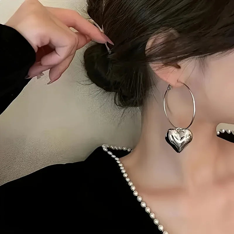 Alloy Heart Shaped Pendant Hoop Earrings — Silver | KIMLUD