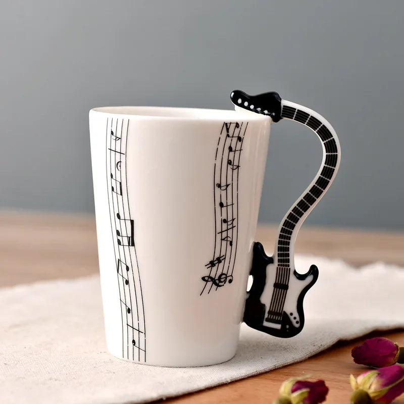 Bone China Mug With Music Note Motif And Delicate Guitar Handle — White | KIMLUD