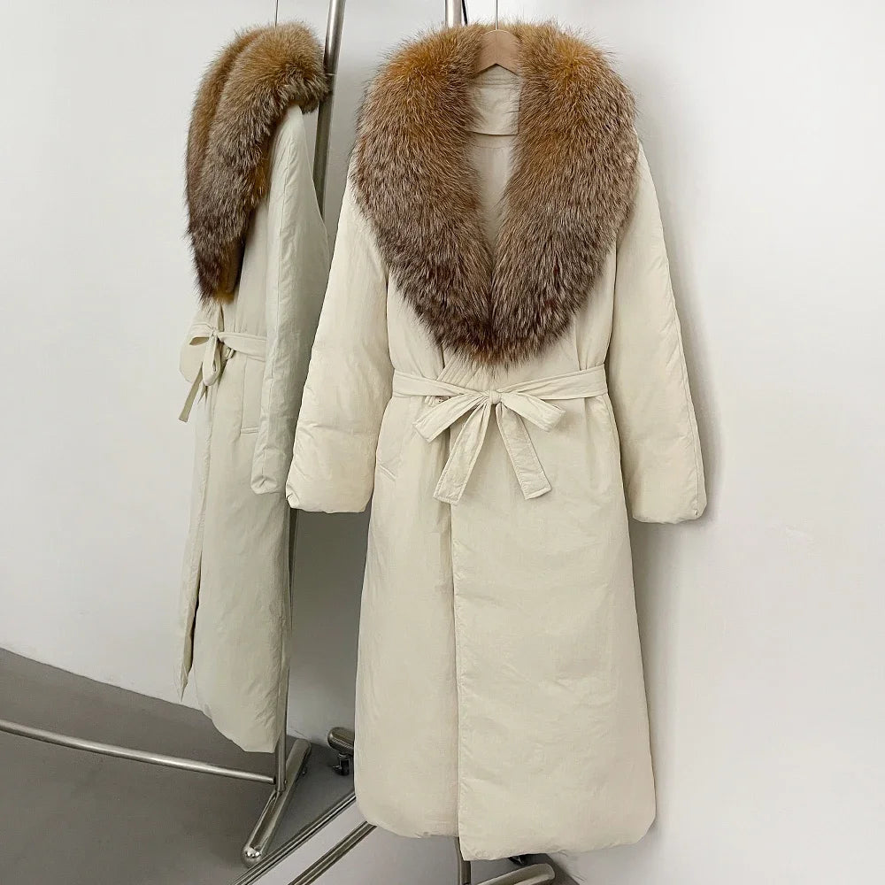 OFTBUY Long Puffer coat Real Fox Fur White Duck Down Coat New Winter Women Collar Fluffy  Jacket Female Thick Warm Reality Fur