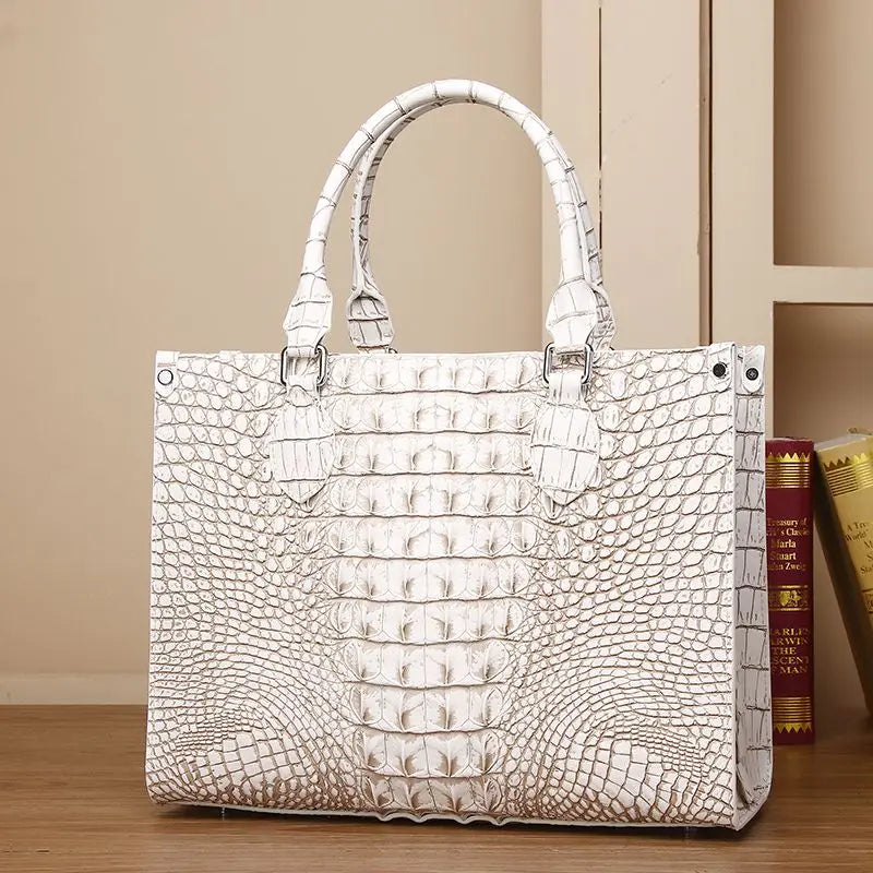 Genuine Leather Structured Tote Bag — Bone White | KIMLUD