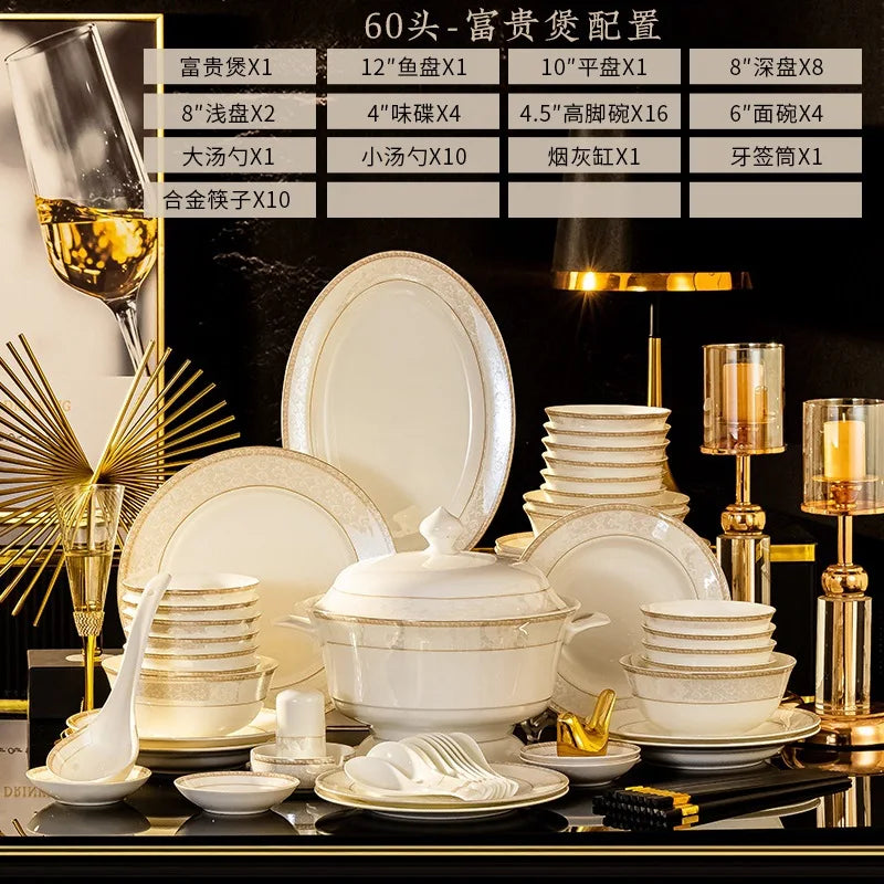 Bone China Tableware Set 60-Piece Hand-Painted Gold — White | KIMLUD